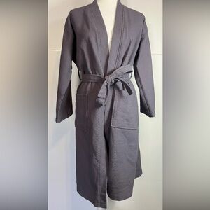 Turkish Cotton Waffle Weave Bathrobe Gray Spa Robe Belted Pockets Size S